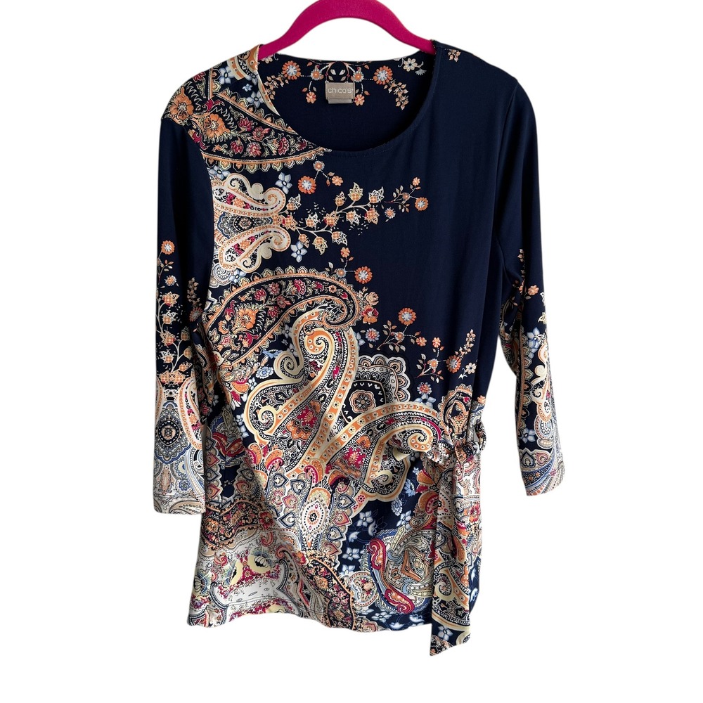 CHICO'S Navy Blue Paisley Faux Wrap 3/4‎ Sleeve Ladies Blouse, M